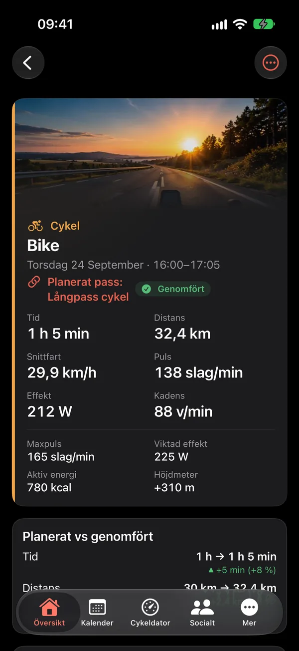 A completed ride in TriQuest: time, distance, speed, heart rate, power and cadence, and planned versus done with the difference in time and distance.