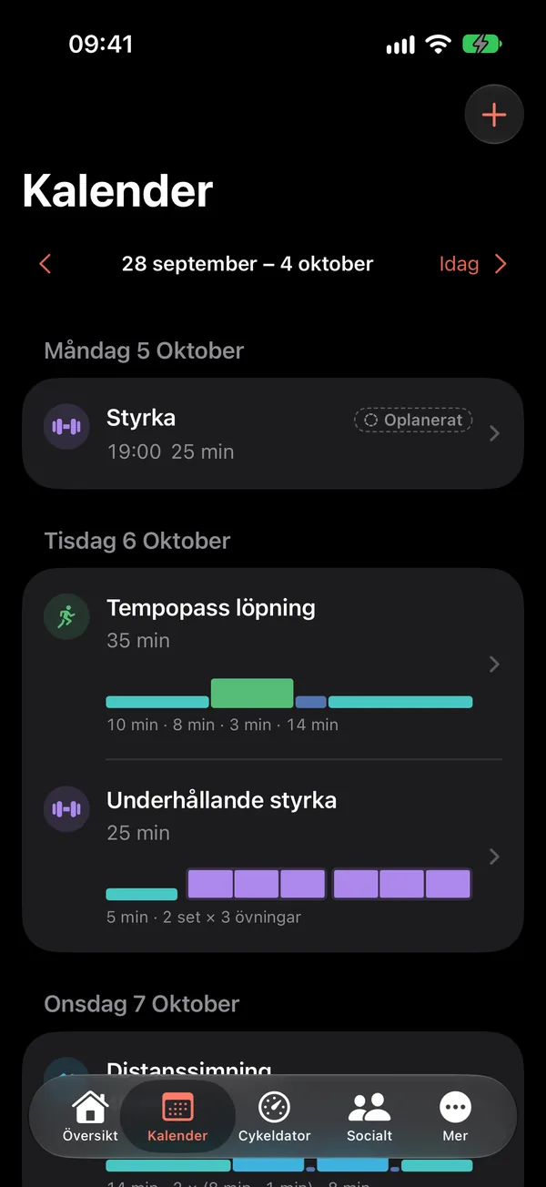 The calendar in TriQuest on iPhone with the week's sessions, their structure and times.