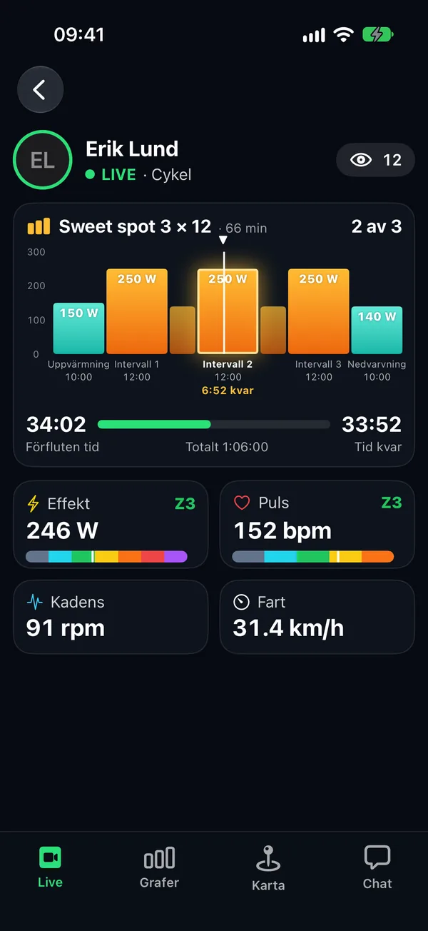 A friend's live ride in TriQuest: the session's blocks in watts and where your friend is, time left, power and heart rate with zone, cadence, speed and how many are watching.