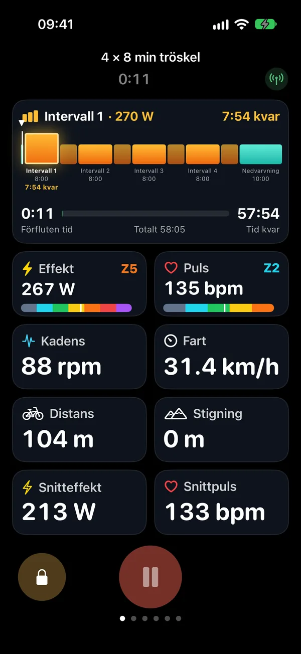 The ride data screen: the session's blocks with time left, power and heart rate with zone, cadence, speed, distance, climb, average power and average heart rate.