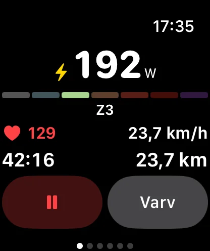 Ride data on the watch: power, zone, heart rate, speed, time and distance.