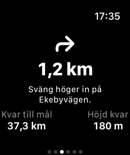 Navigation on the watch: turn right onto Ekebyvägen in 1.2 km, 37.3 km to the finish.