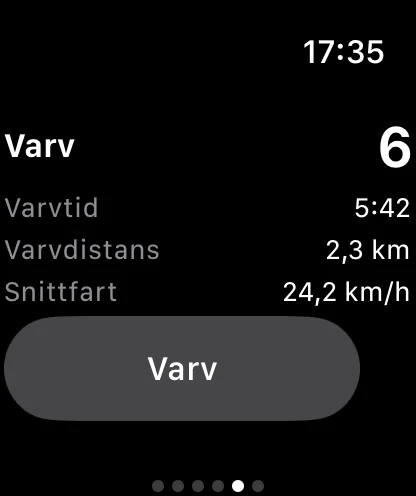 Laps on the watch: lap 6 with lap time, lap distance, average speed and the lap button.